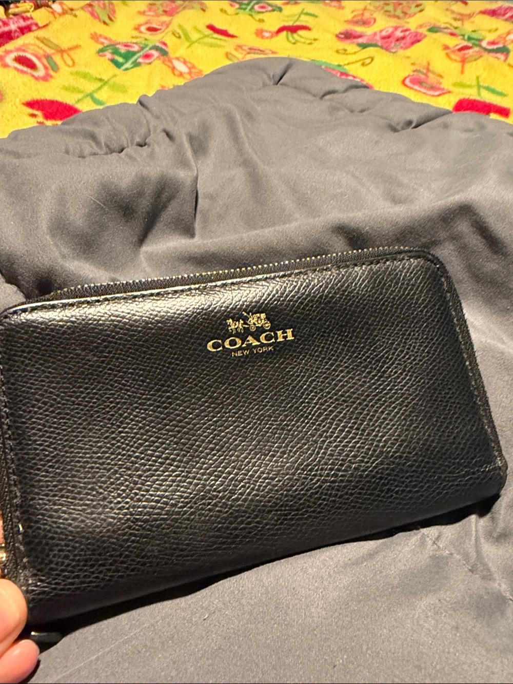 COACH Black Pebbled Leather Zip Wallet with Gold Logo